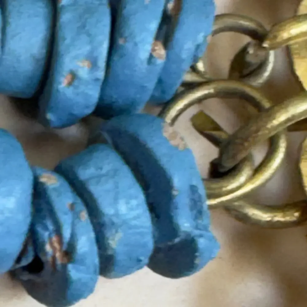 Vintage Egyptian Revival Faience Turquoise Blue Mummy Bead Necklace Brass Coins